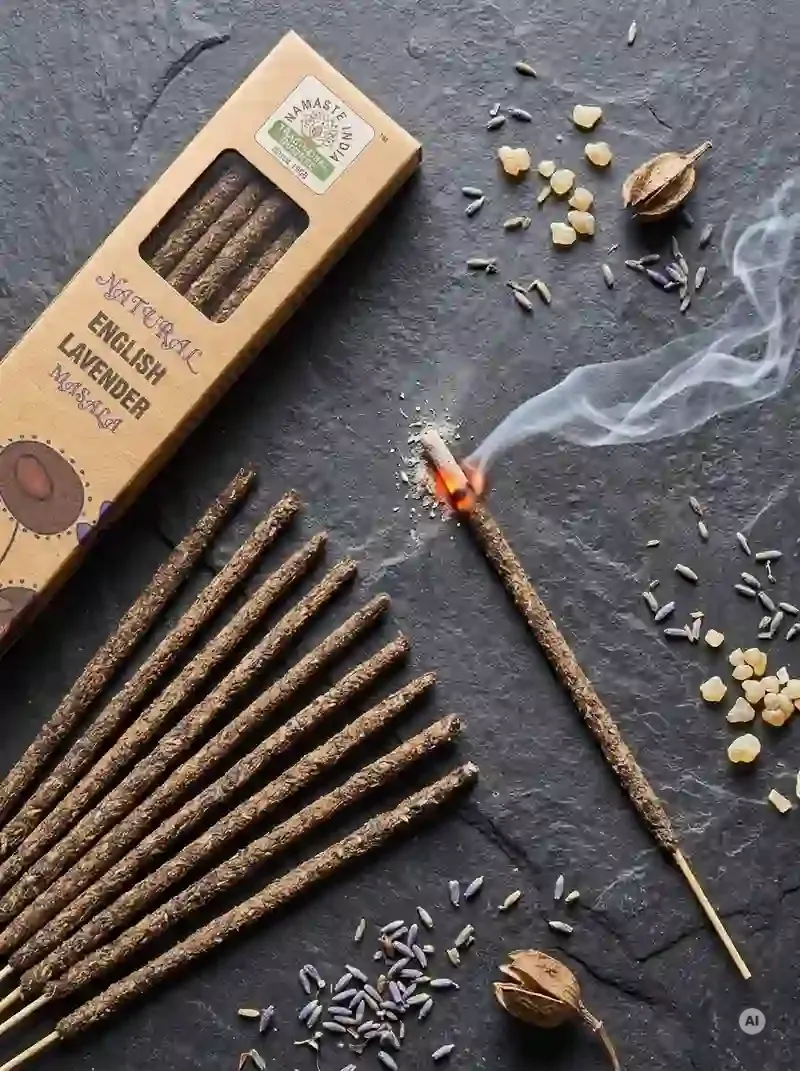 Ekologiczne kartonowe pudełko kadzidełek Namaste India Angielska Lawenda English Lavender z motywem polnych kwiatów obok grubych patyczków botanicznych masala.