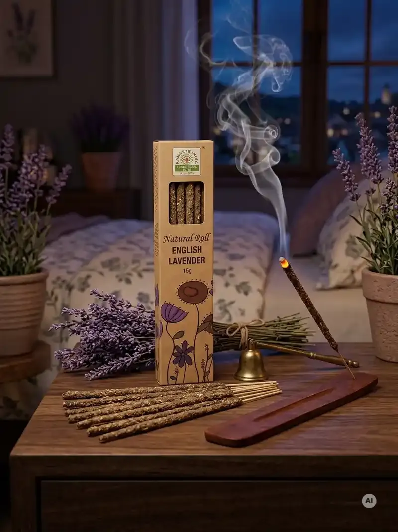 Ekologiczne kartonowe pudełko kadzidełek Namaste India Angielska Lawenda English Lavender z motywem polnych kwiatów obok grubych patyczków botanicznych masala.
