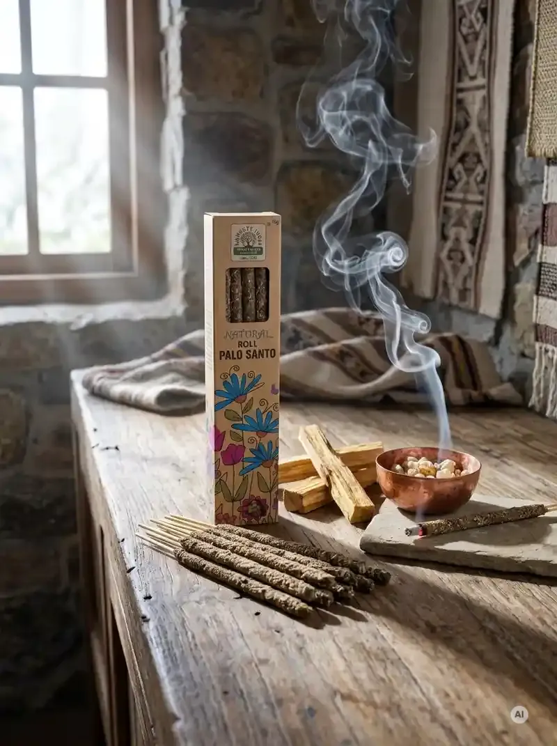 Ekologiczne kartonowe pudełko kadzidełek Namaste India Palo Santo Święte Drzewo z motywem polnych kwiatów obok grubych patyczków botanicznych masala.
