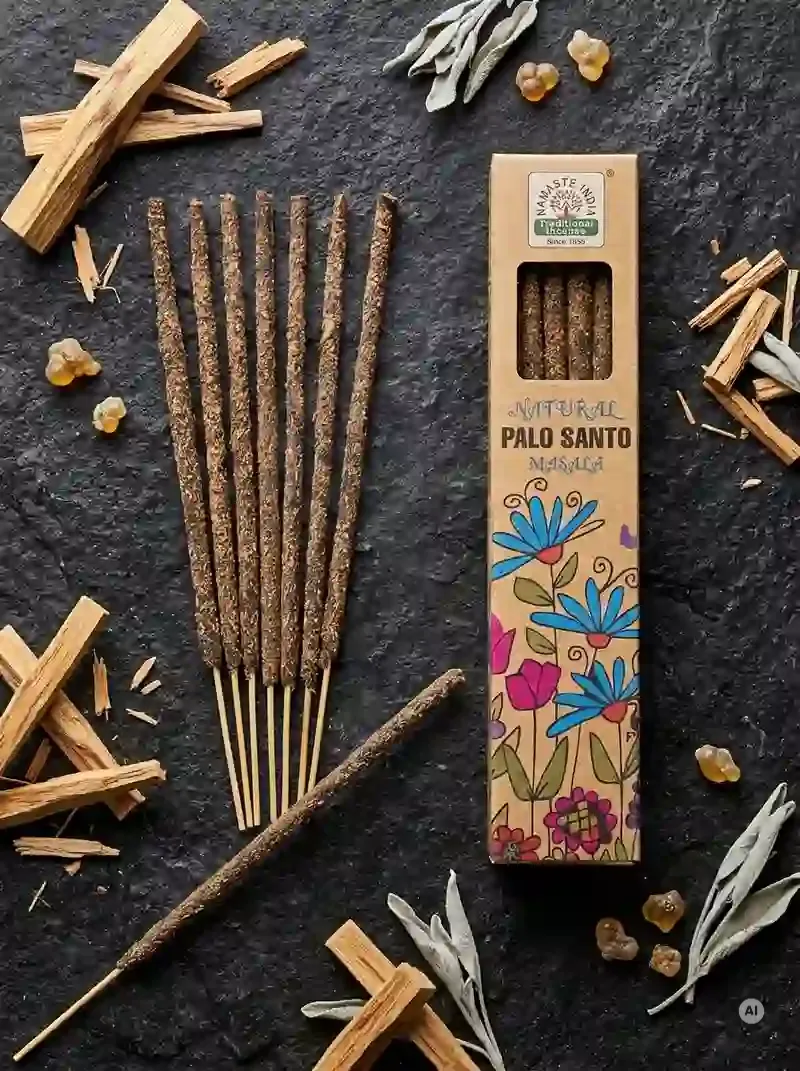 Ekologiczne kartonowe pudełko kadzidełek Namaste India Palo Santo Święte Drzewo z motywem polnych kwiatów obok grubych patyczków botanicznych masala.