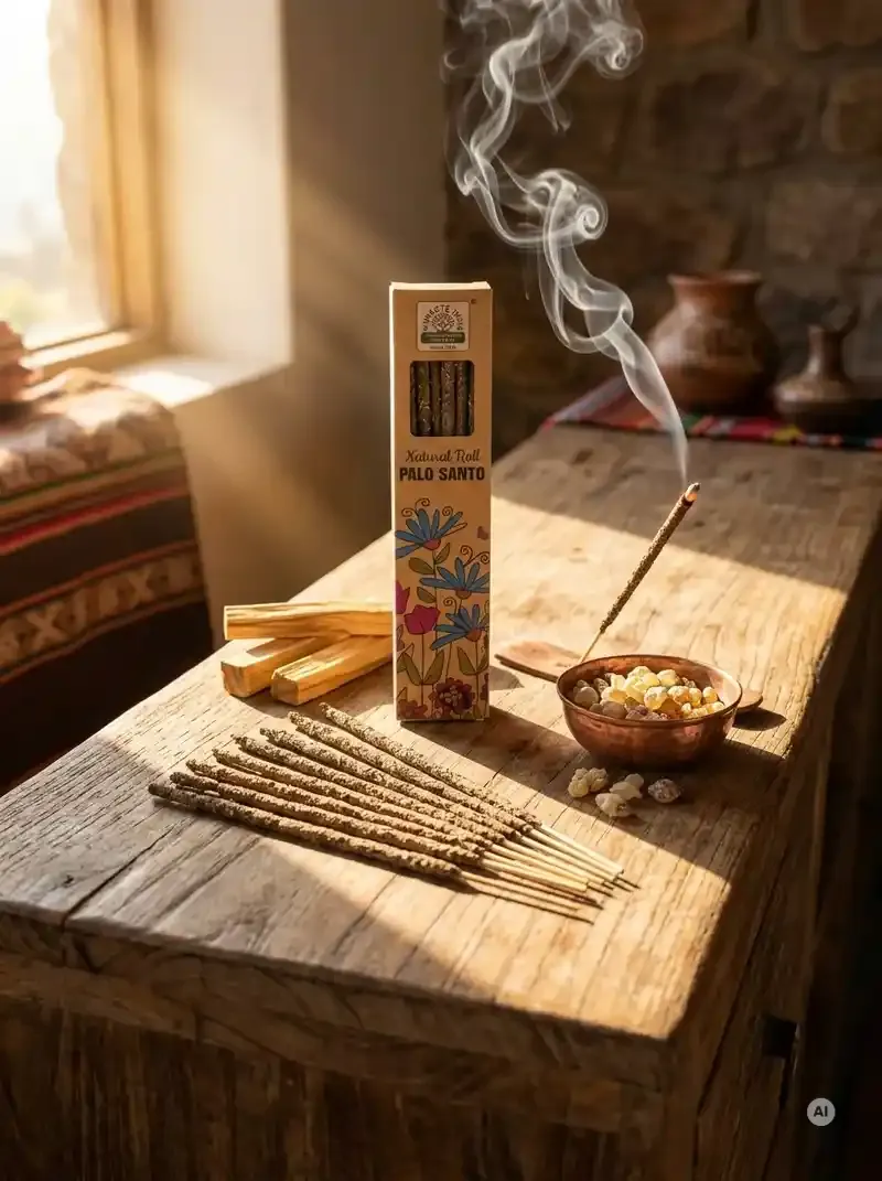Ekologiczne kartonowe pudełko kadzidełek Namaste India Palo Santo Święte Drzewo z motywem polnych kwiatów obok grubych patyczków botanicznych masala.