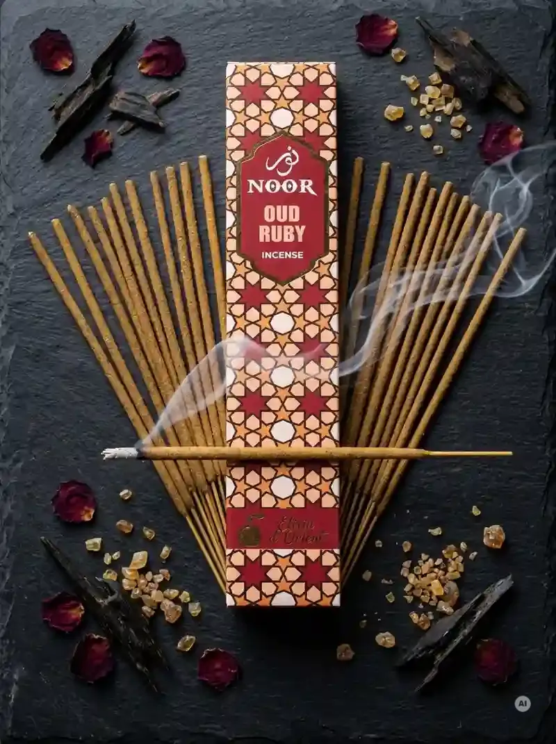Eleganckie opakowanie kadzidełek premium NOOR Oud Ruby w głębokiej rubinowej oprawie obok grubych patyczków masala.