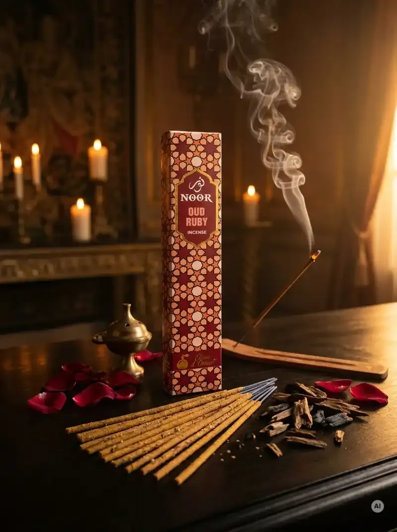 Eleganckie opakowanie kadzidełek premium NOOR Oud Ruby w głębokiej rubinowej oprawie obok grubych patyczków masala.