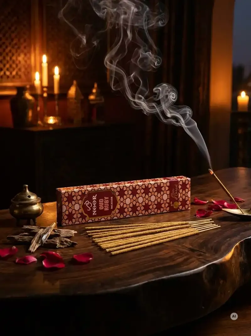 Eleganckie opakowanie kadzidełek premium NOOR Oud Ruby w głębokiej rubinowej oprawie obok grubych patyczków masala.
