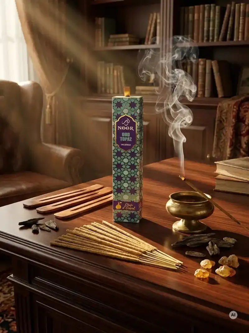 Eleganckie opakowanie kadzidełek premium NOOR Oud Topaz w złocisto burszystej oprawie obok grubych patyczków masala.