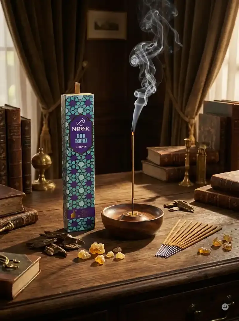 Eleganckie opakowanie kadzidełek premium NOOR Oud Topaz w złocisto burszystej oprawie obok grubych patyczków masala.