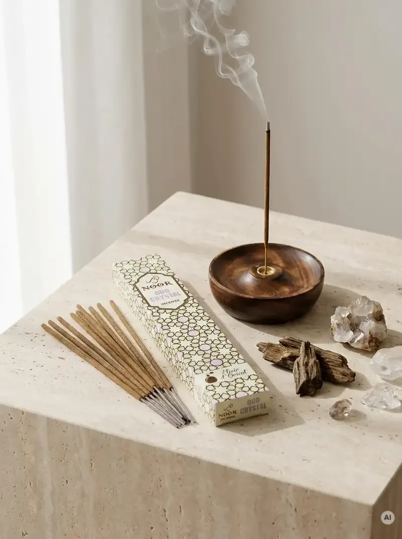 Eleganckie kremowe opakowanie kadzidełek premium NOOR Oud Crystal obok grubych patyczków masala.