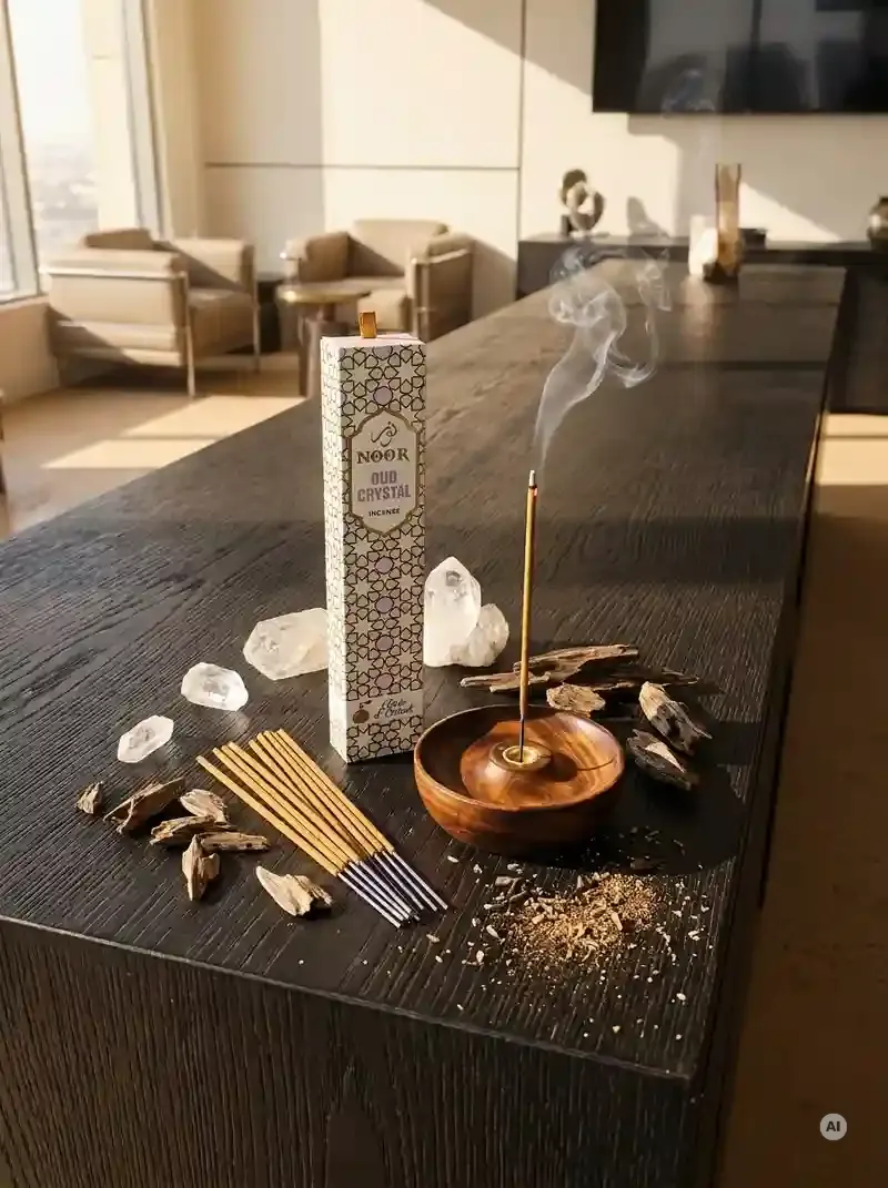 Eleganckie kremowe opakowanie kadzidełek premium NOOR Oud Crystal obok grubych patyczków masala.