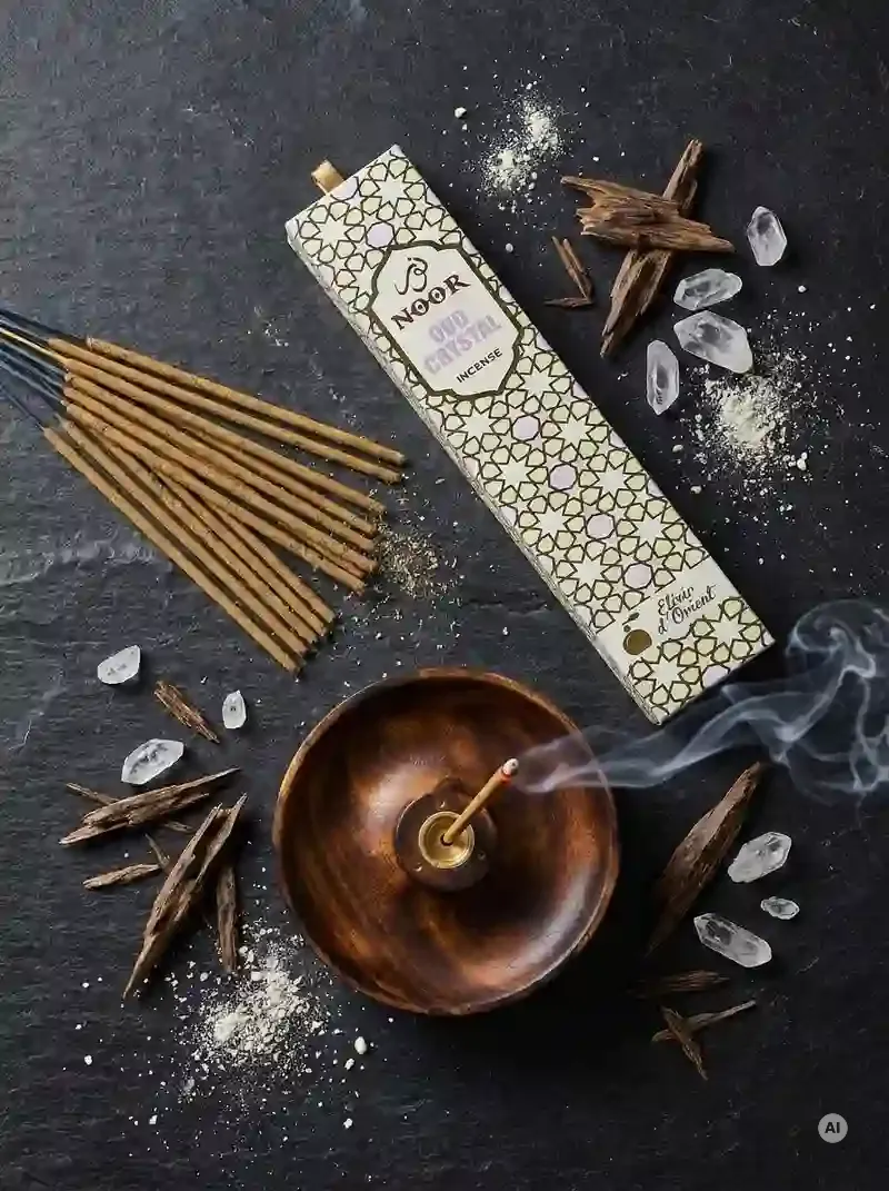 Eleganckie kremowe opakowanie kadzidełek premium NOOR Oud Crystal obok grubych patyczków masala.