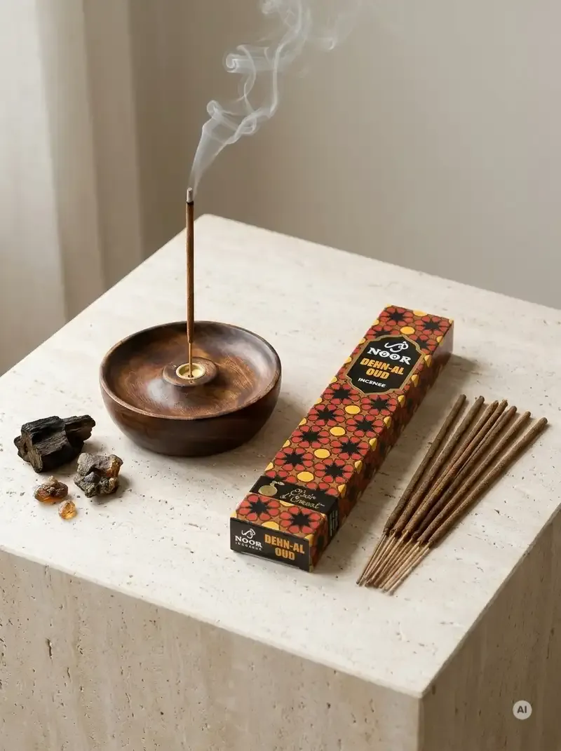 Eleganckie złocisto brązowe opakowanie kadzidełek premium NOOR Dehn Al Oud obok grubych patyczków masala.