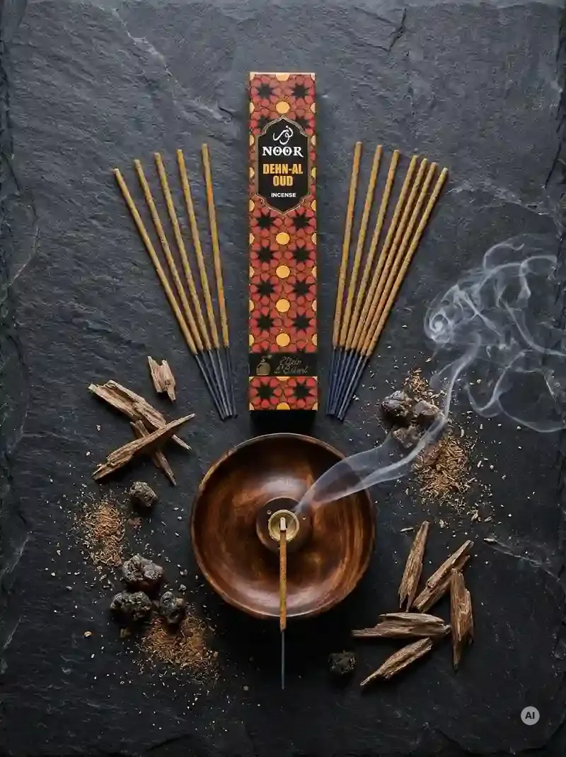 Eleganckie złocisto brązowe opakowanie kadzidełek premium NOOR Dehn Al Oud obok grubych patyczków masala.