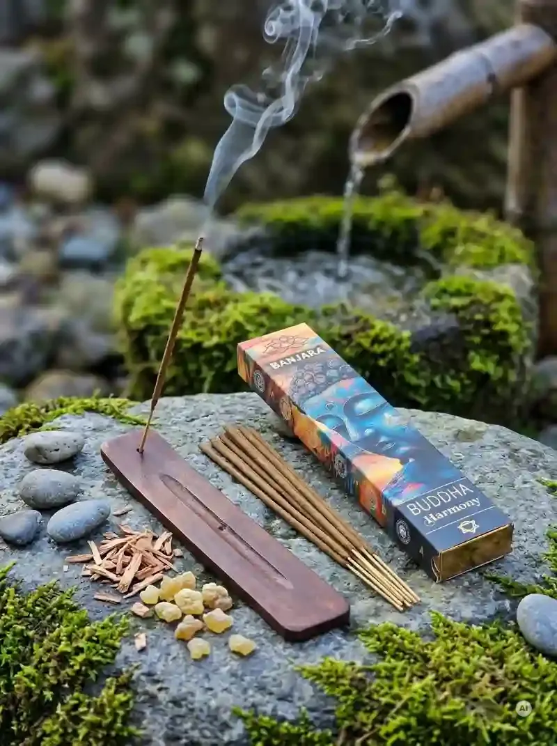 Oryginalne opakowanie kadzidełek BANJARA Buddha Harmony z wizerunkiem medytującego Buddy obok naturalnych patyczków masala.