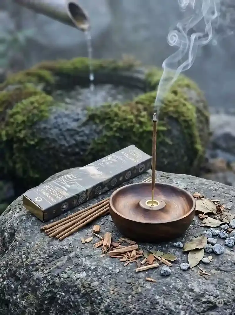 Oryginalne grafitowe opakowanie kadzidełek BANJARA Buddha Meditation obok naturalnych patyczków masala i drewnianej podstawki.