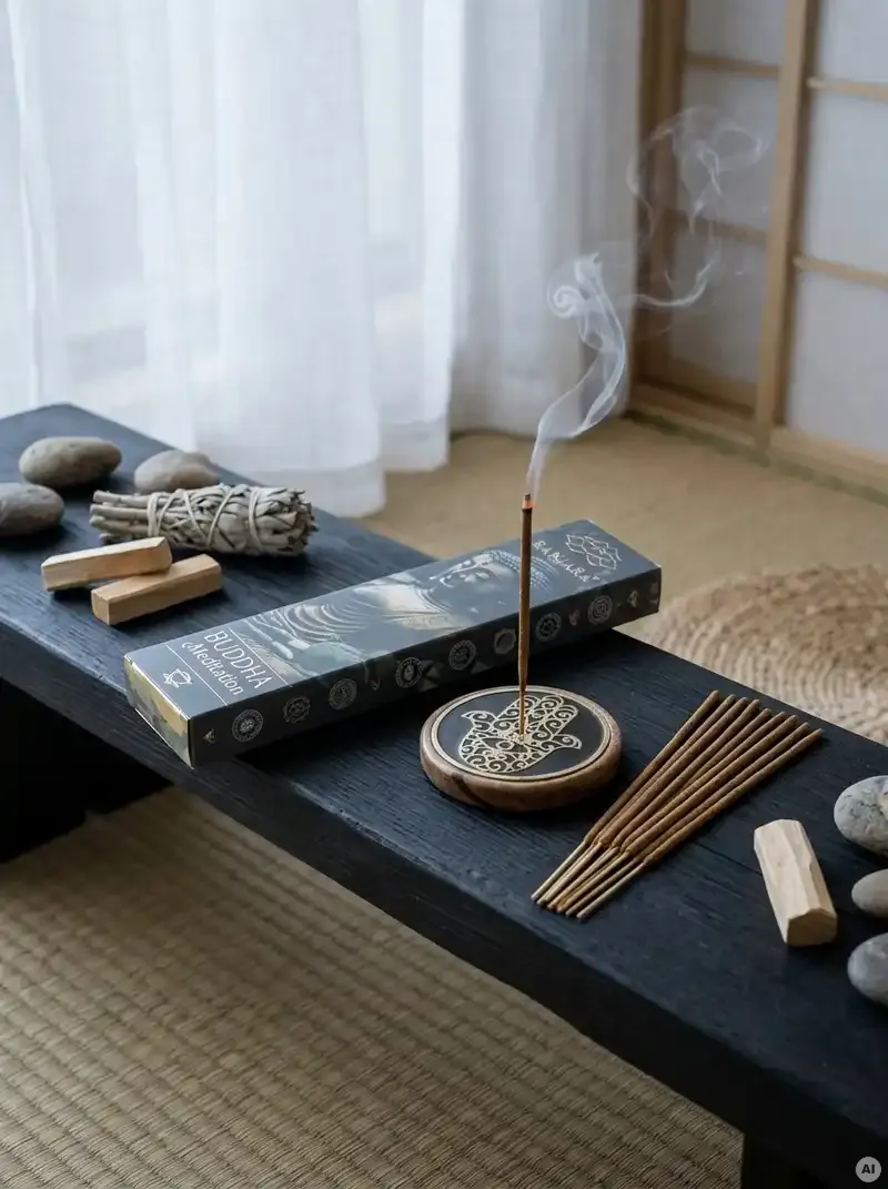 Oryginalne grafitowe opakowanie kadzidełek BANJARA Buddha Meditation obok naturalnych patyczków masala i drewnianej podstawki.