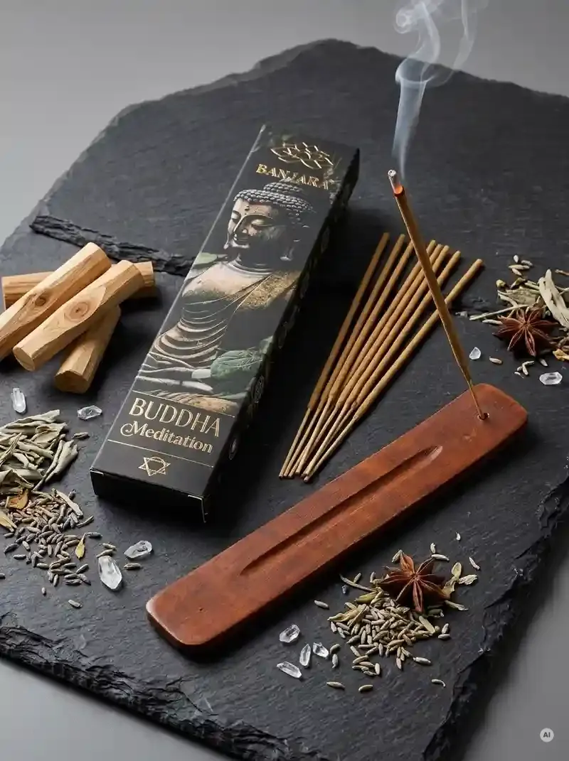 Oryginalne grafitowe opakowanie kadzidełek BANJARA Buddha Meditation obok naturalnych patyczków masala i drewnianej podstawki.