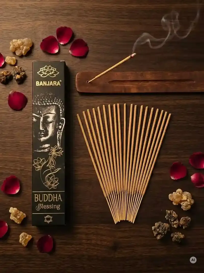 Oryginalne brązowe opakowanie kadzidełek BANJARA Buddha Blessing ze złotym wizerunkiem Buddy obok naturalnych patyczków masala.