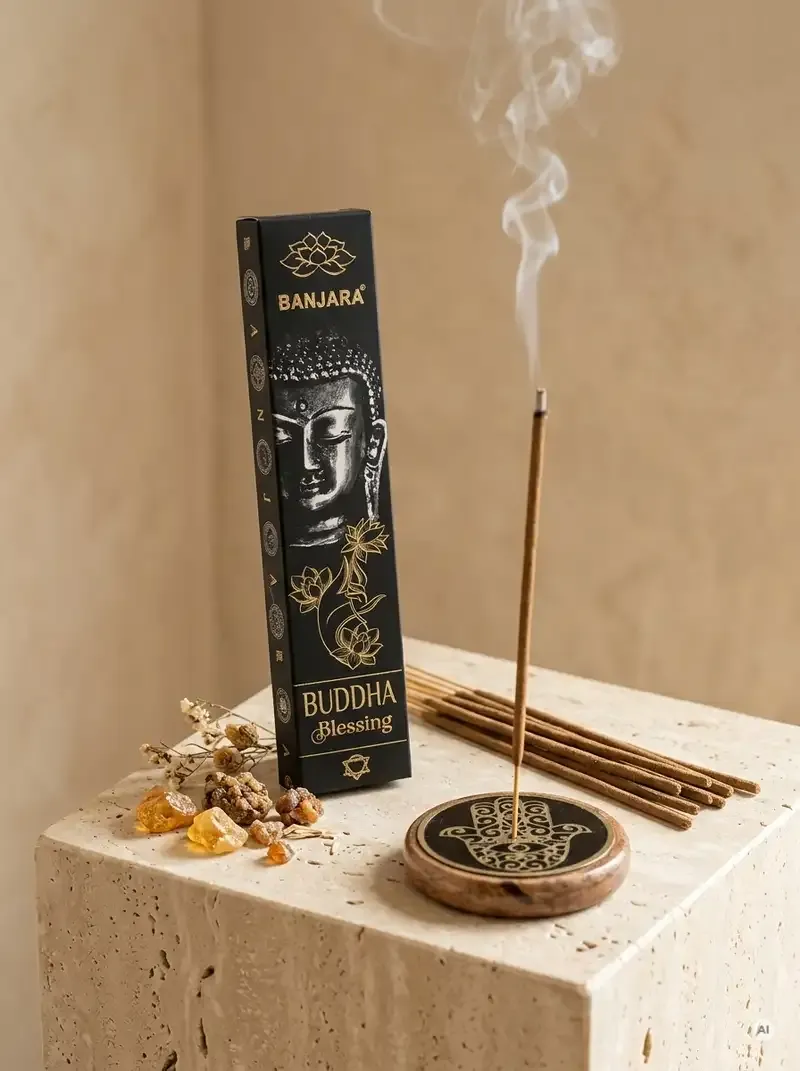 Oryginalne brązowe opakowanie kadzidełek BANJARA Buddha Blessing ze złotym wizerunkiem Buddy obok naturalnych patyczków masala.