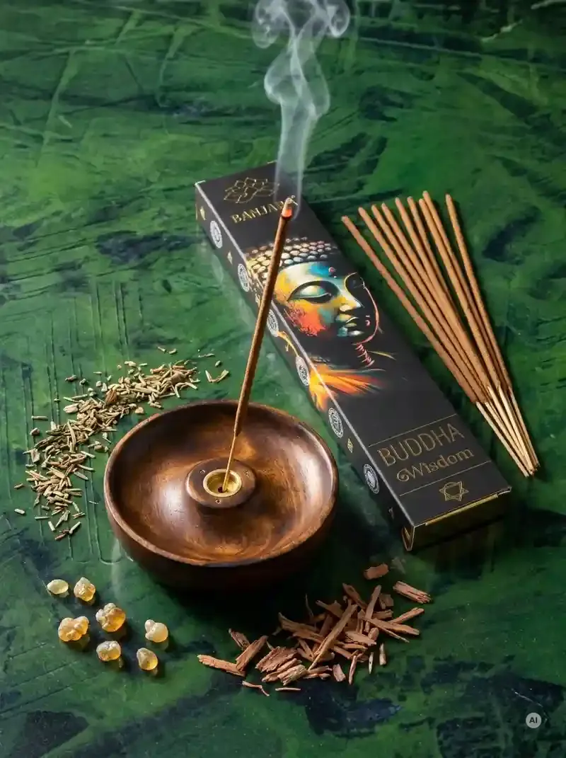 Oryginalne butelkowozielone opakowanie kadzidełek BANJARA Buddha Wisdom ze złotym posągiem Buddy obok naturalnych patyczków masala.