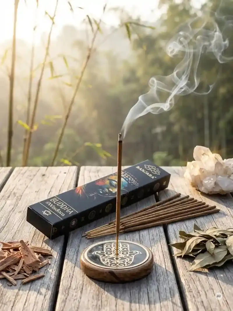 Oryginalne butelkowozielone opakowanie kadzidełek BANJARA Buddha Wisdom ze złotym posągiem Buddy obok naturalnych patyczków masala.