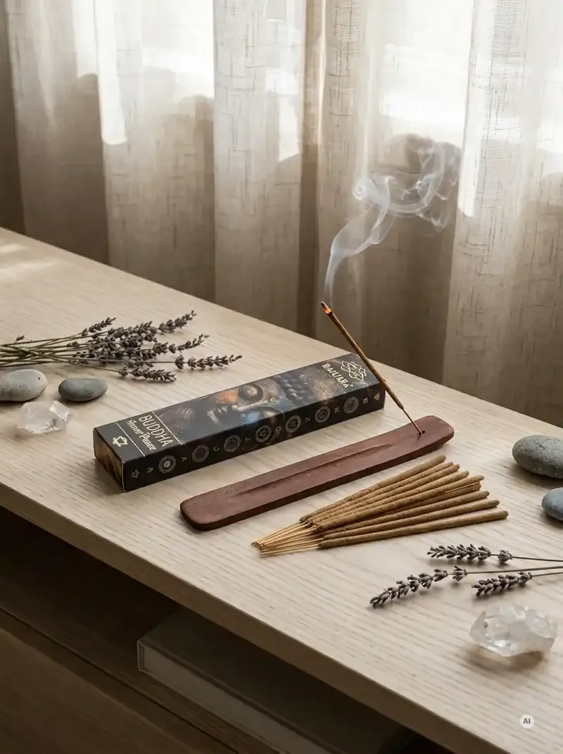 Oryginalne kamiennoszare opakowanie kadzidełek BANJARA Buddha Inner Peace ze złotym wizerunkiem Buddy obok naturalnych patyczków masala.