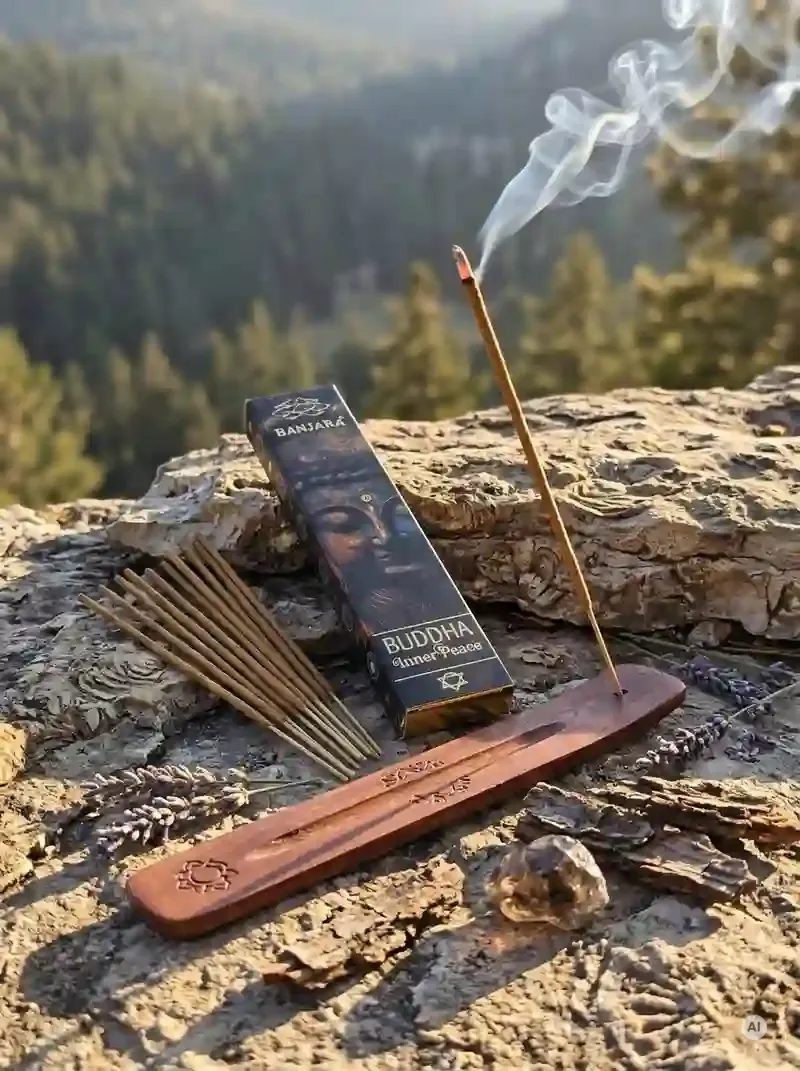 Oryginalne kamiennoszare opakowanie kadzidełek BANJARA Buddha Inner Peace ze złotym wizerunkiem Buddy obok naturalnych patyczków masala.