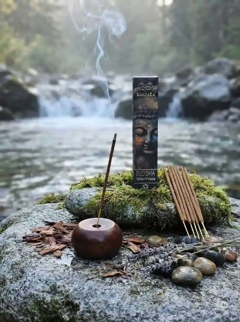 Oryginalne kamiennoszare opakowanie kadzidełek BANJARA Buddha Inner Peace ze złotym wizerunkiem Buddy obok naturalnych patyczków masala.