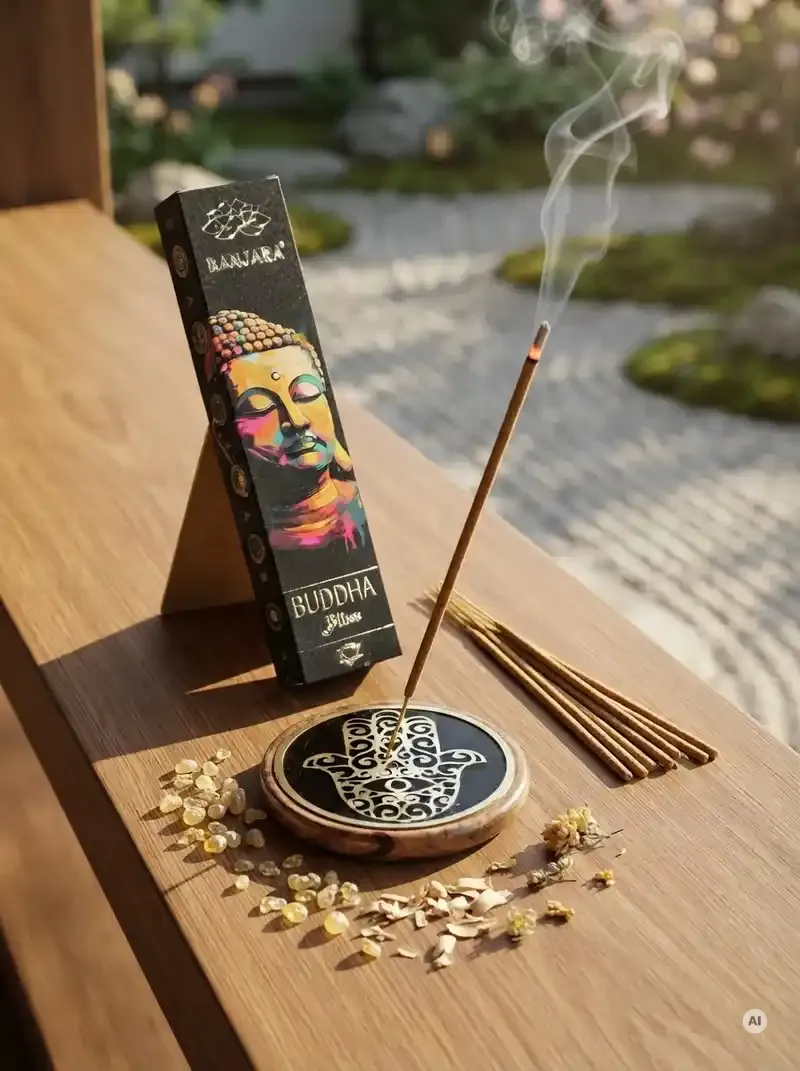 Oryginalne ciemne opakowanie kadzidełek BANJARA Buddha Bliss ze złotym portretem Buddy obok naturalnych patyczków masala.