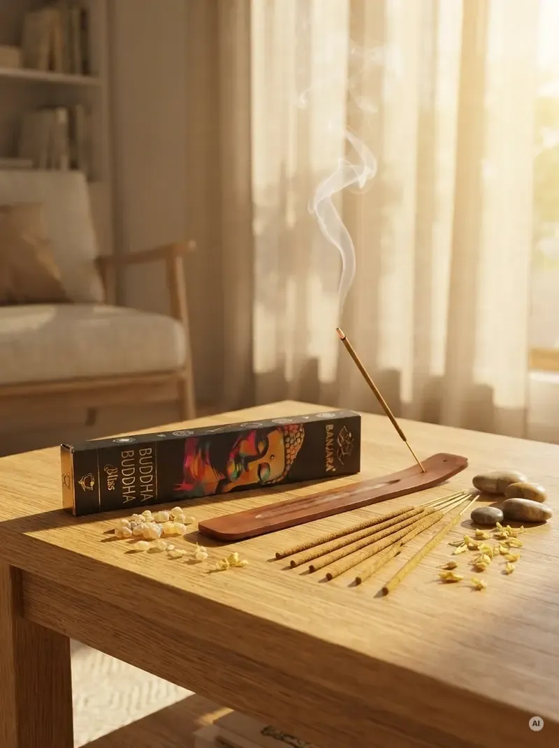 Oryginalne ciemne opakowanie kadzidełek BANJARA Buddha Bliss ze złotym portretem Buddy obok naturalnych patyczków masala.