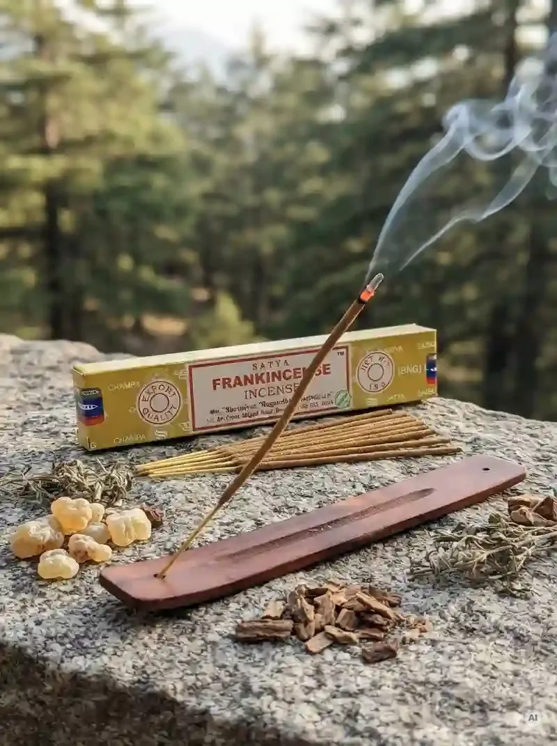 Oryginalne żółto czerwone opakowanie indyjskich kadzidełek SATYA Frankincense obok naturalnych patyczków masala.
