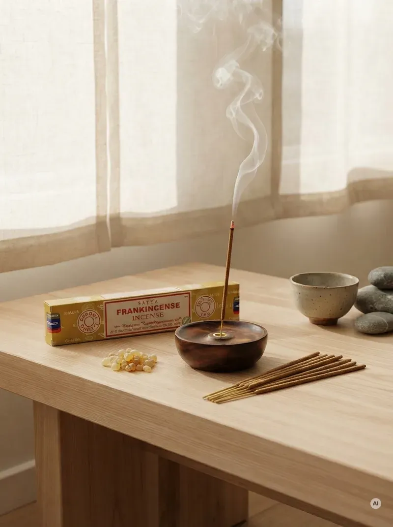 Oryginalne żółto czerwone opakowanie indyjskich kadzidełek SATYA Frankincense obok naturalnych patyczków masala.