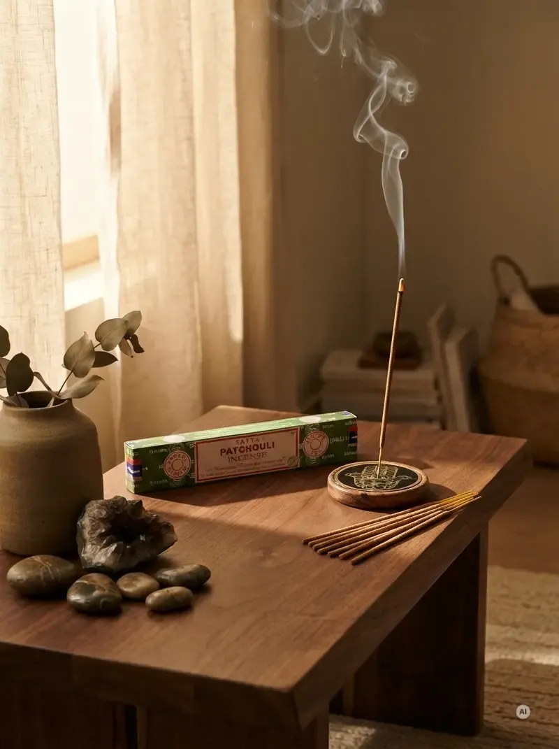 Oryginalne zielono kremowe opakowanie indyjskich kadzidełek SATYA Patchouli obok naturalnych patyczków masala.