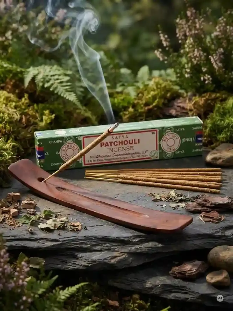 Oryginalne zielono kremowe opakowanie indyjskich kadzidełek SATYA Patchouli obok naturalnych patyczków masala.