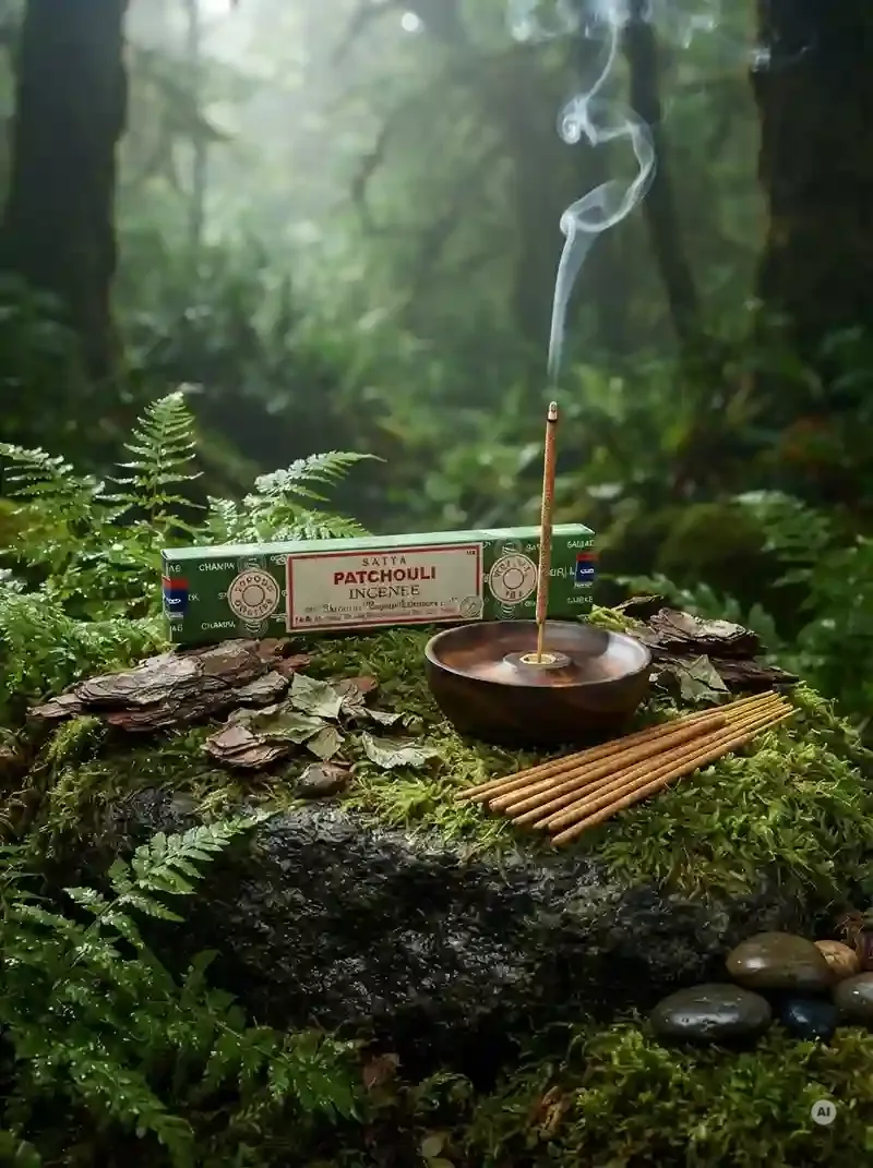 Oryginalne zielono kremowe opakowanie indyjskich kadzidełek SATYA Patchouli obok naturalnych patyczków masala.