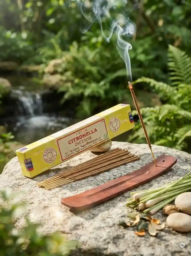 Oryginalne żółto kremowe opakowanie indyjskich kadzidełek SATYA Citronella obok naturalnych patyczków masala.
