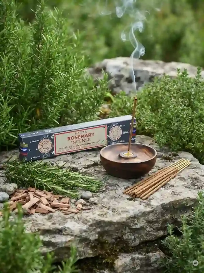 Oryginalne grafitowo niebieskie opakowanie indyjskich kadzidełek SATYA Rosemary obok naturalnych patyczków masala.