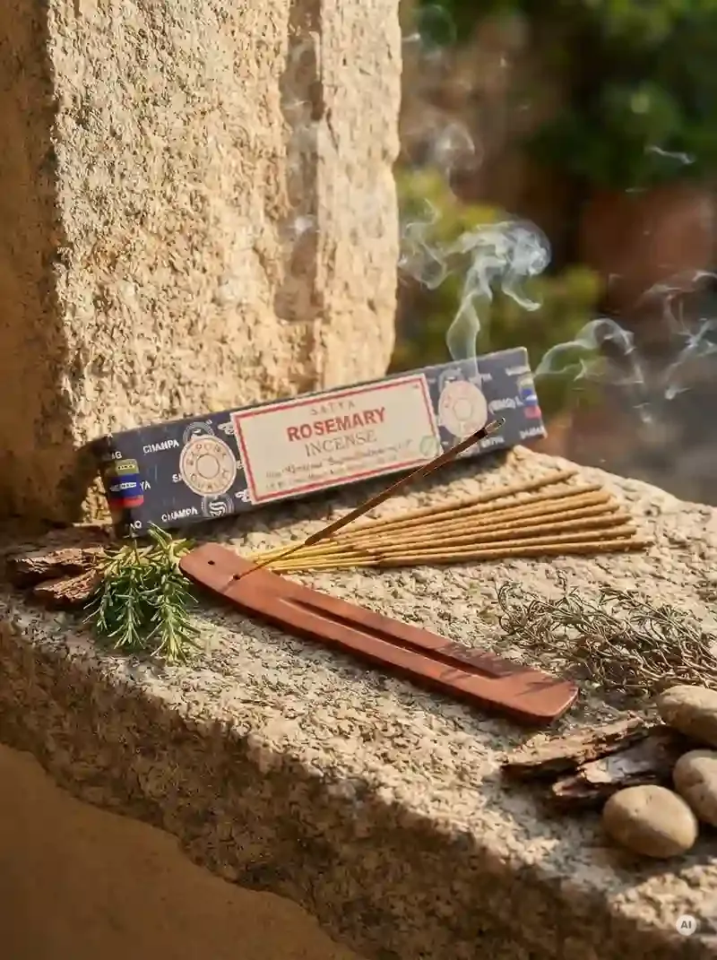 Oryginalne grafitowo niebieskie opakowanie indyjskich kadzidełek SATYA Rosemary obok naturalnych patyczków masala.