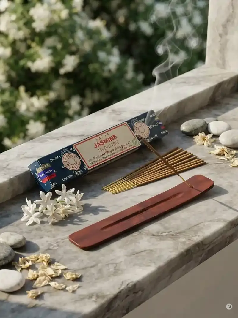 Oryginalne granatowo kremowe opakowanie indyjskich kadzidełek SATYA Jasmine obok naturalnych patyczków masala.