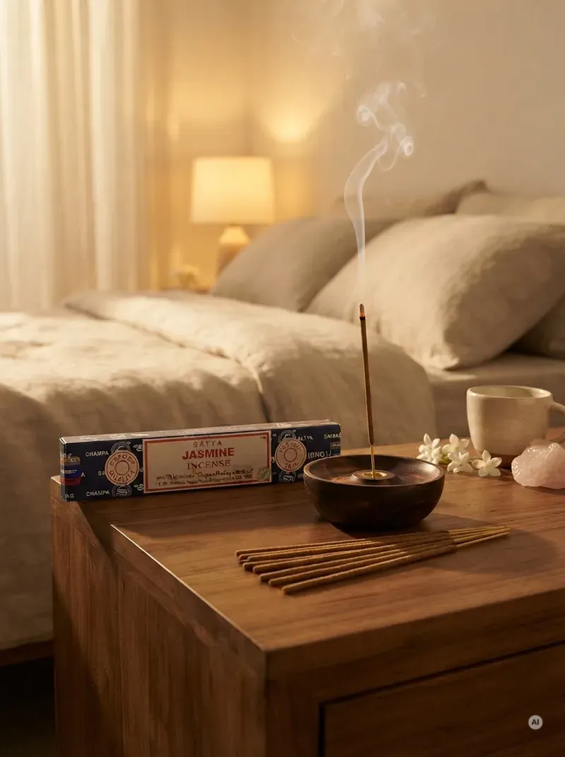 Oryginalne granatowo kremowe opakowanie indyjskich kadzidełek SATYA Jasmine obok naturalnych patyczków masala.