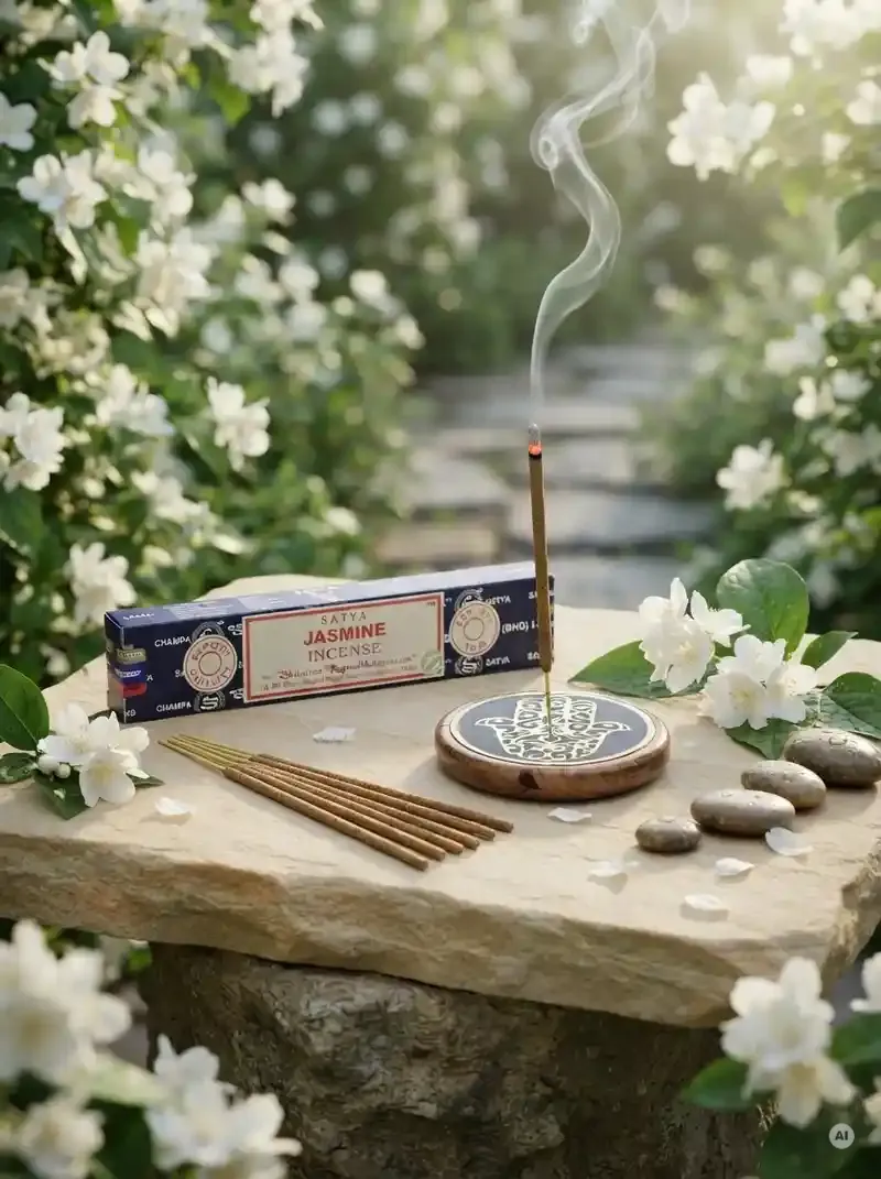 Oryginalne granatowo kremowe opakowanie indyjskich kadzidełek SATYA Jasmine obok naturalnych patyczków masala.