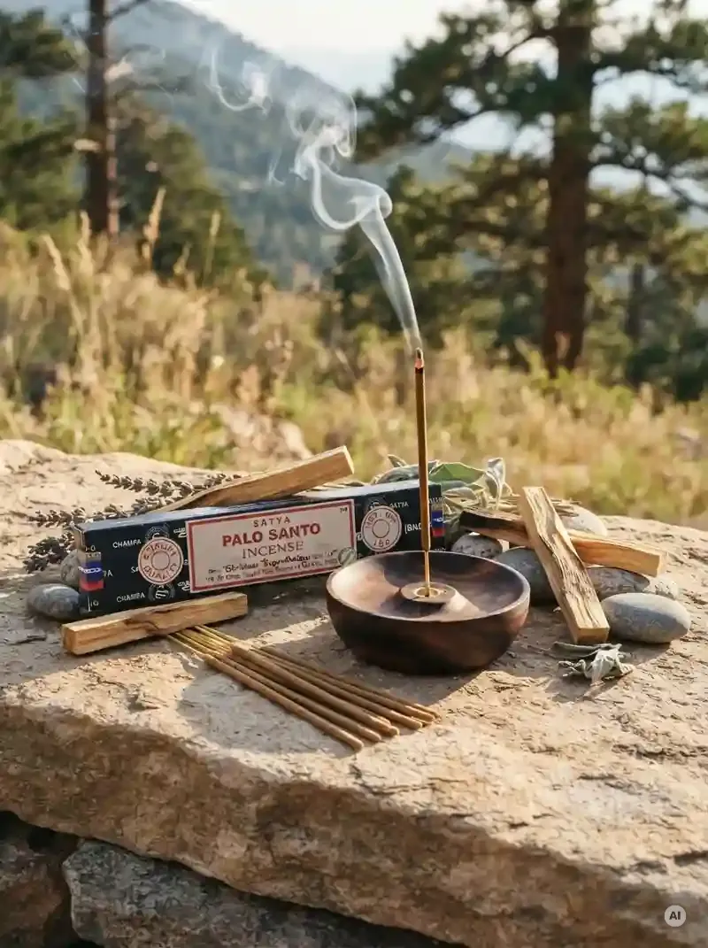Oryginalne granatowo kremowe opakowanie indyjskich kadzidełek SATYA Palo Santo obok naturalnych patyczków masala.