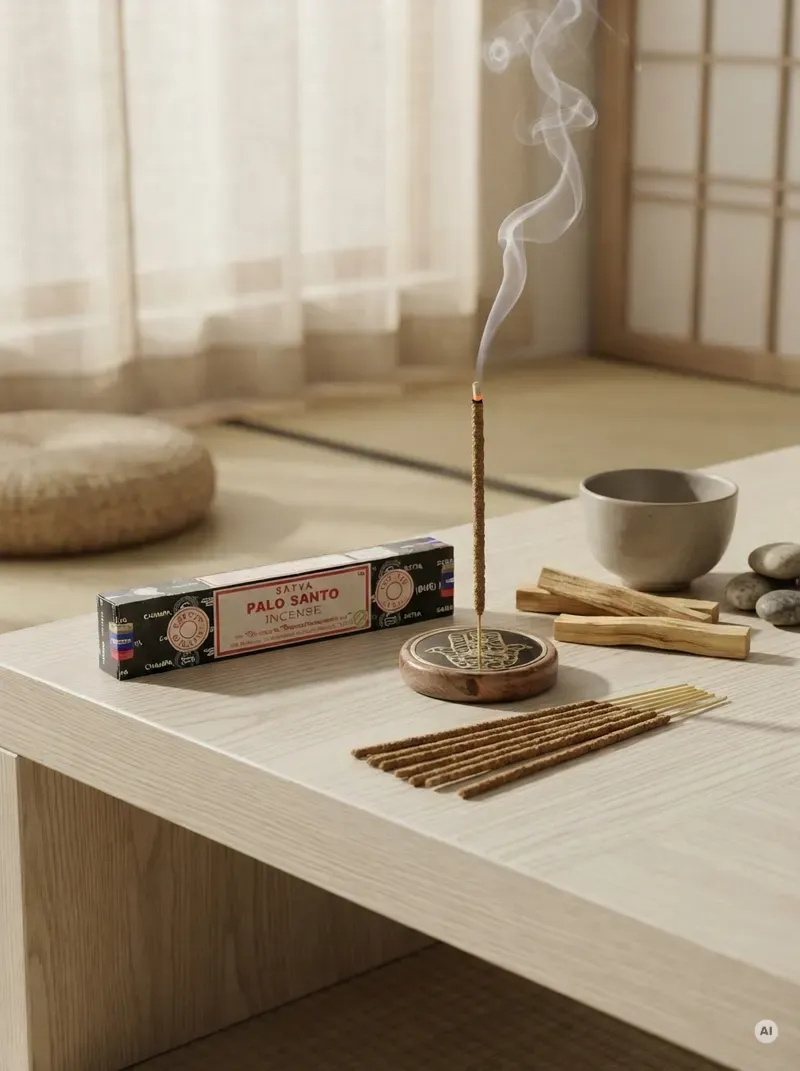 Oryginalne granatowo kremowe opakowanie indyjskich kadzidełek SATYA Palo Santo obok naturalnych patyczków masala.