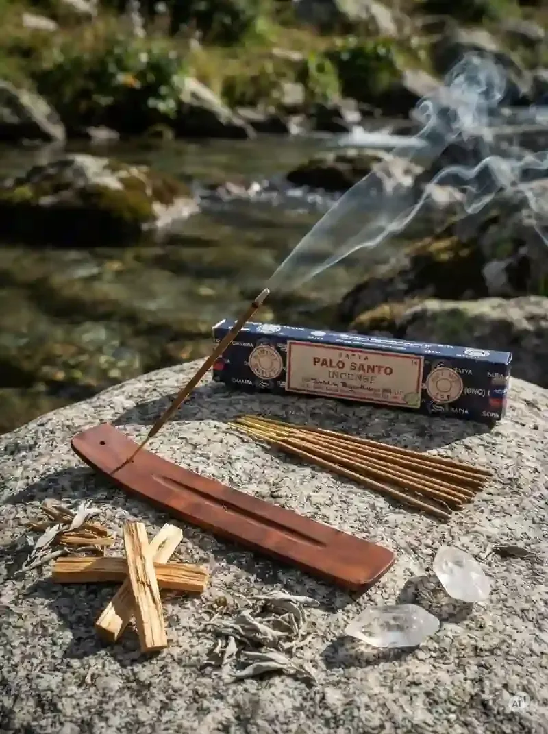 Oryginalne granatowo kremowe opakowanie indyjskich kadzidełek SATYA Palo Santo obok naturalnych patyczków masala.
