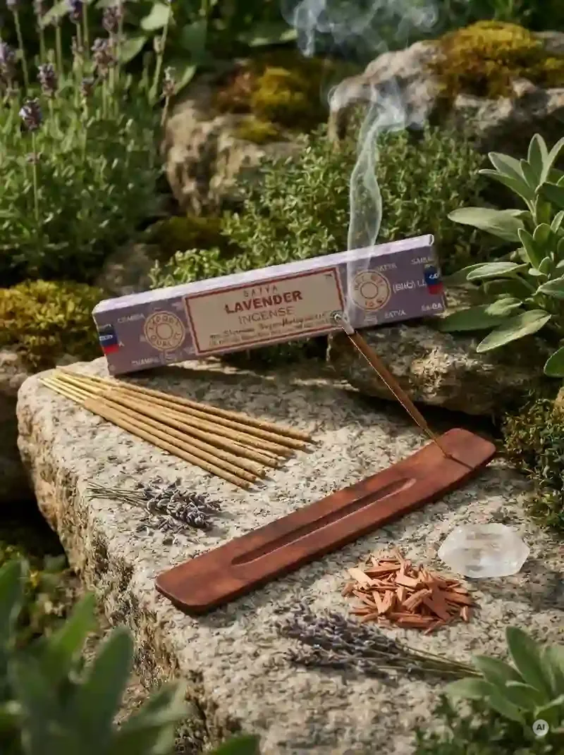 Oryginalne fioletowo kremowe opakowanie indyjskich kadzidełek SATYA Lavender obok naturalnych patyczków masala.
