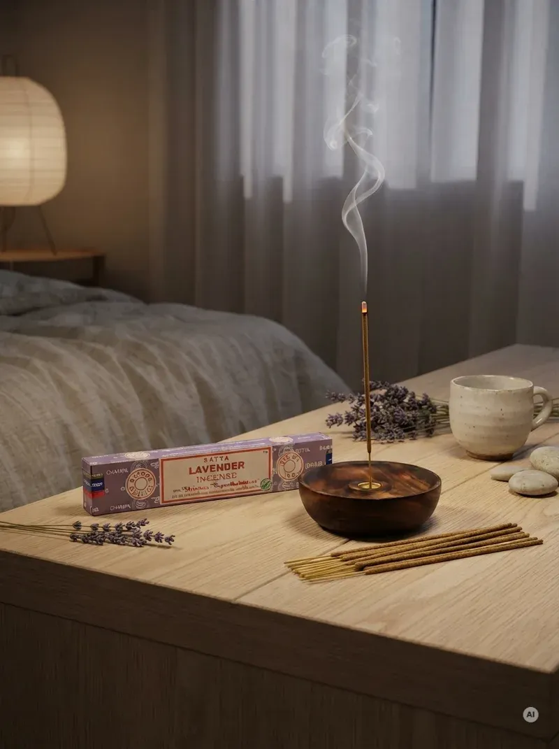 Oryginalne fioletowo kremowe opakowanie indyjskich kadzidełek SATYA Lavender obok naturalnych patyczków masala.
