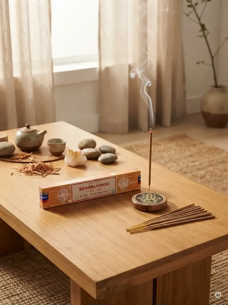 Oryginalne pomarańczowo kremowe opakowanie indyjskich kadzidełek SATYA Sandalwood obok naturalnych patyczków masala.