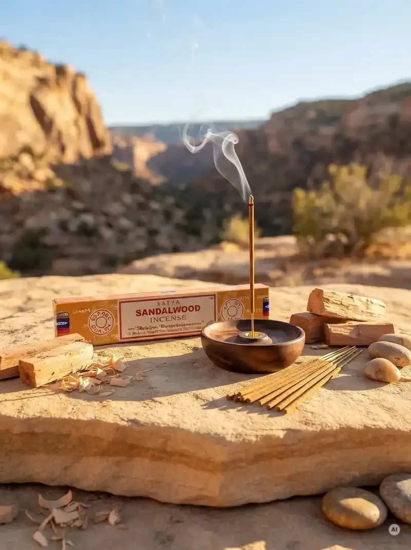 Oryginalne pomarańczowo kremowe opakowanie indyjskich kadzidełek SATYA Sandalwood obok naturalnych patyczków masala.
