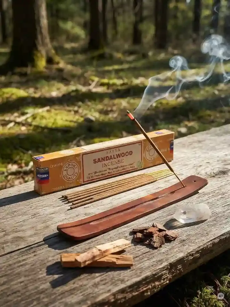 Oryginalne pomarańczowo kremowe opakowanie indyjskich kadzidełek SATYA Sandalwood obok naturalnych patyczków masala.