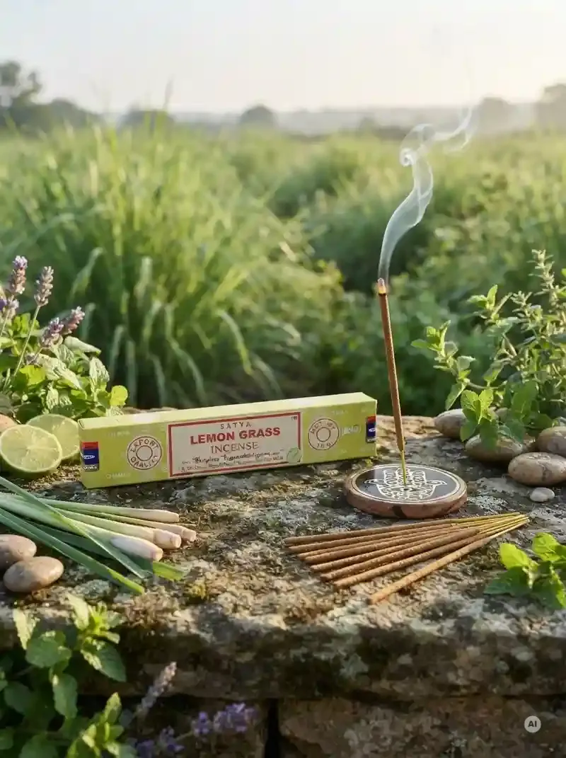 Oryginalne żółto-zielone opakowanie indyjskich kadzidełek SATYA Lemon Grass obok naturalnych patyczków masala.