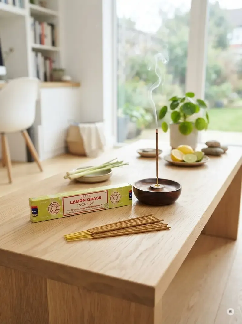 Oryginalne żółto-zielone opakowanie indyjskich kadzidełek SATYA Lemon Grass obok naturalnych patyczków masala.