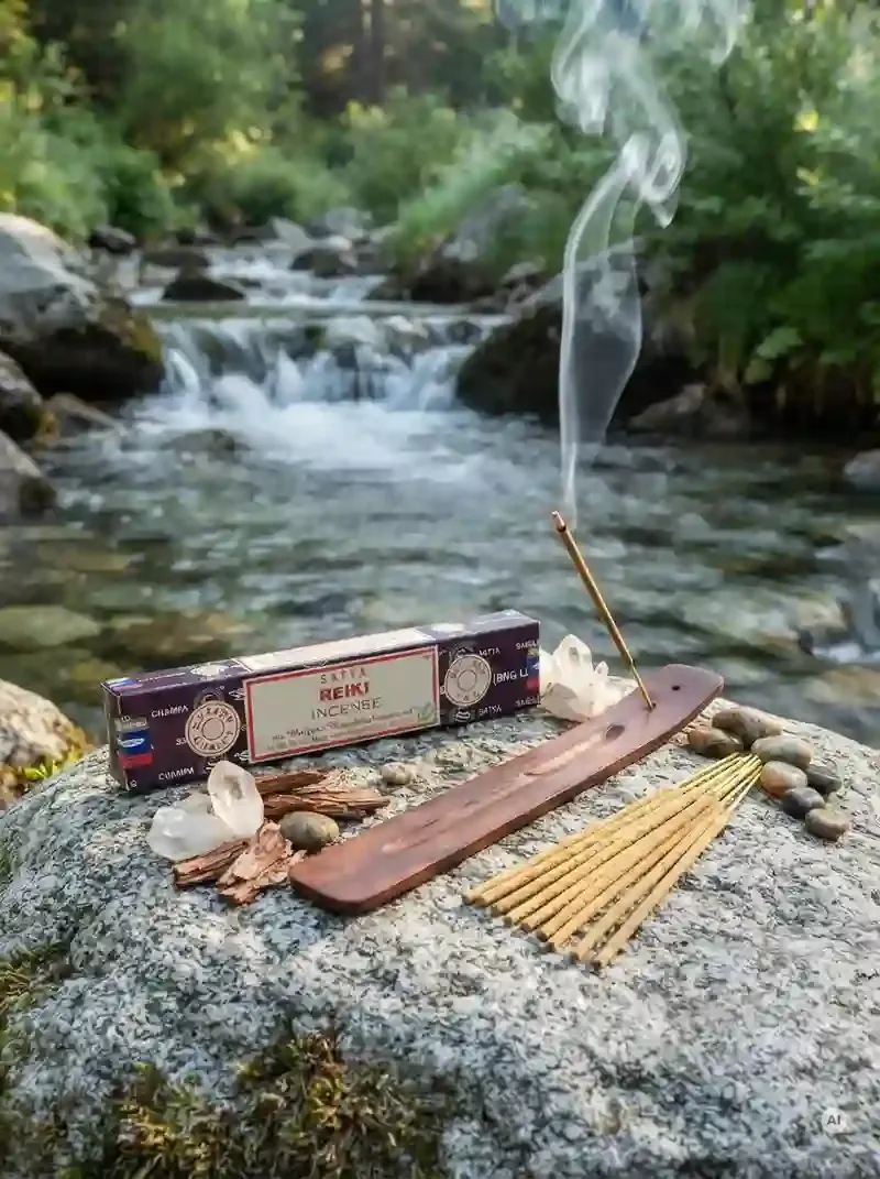 Oryginalne bordowo kremowe opakowanie indyjskich kadzidełek SATYA Reiki obok naturalnych patyczków masala.